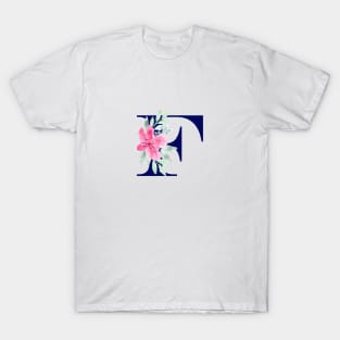 Watercolor Floral Letter F in Navy T-Shirt